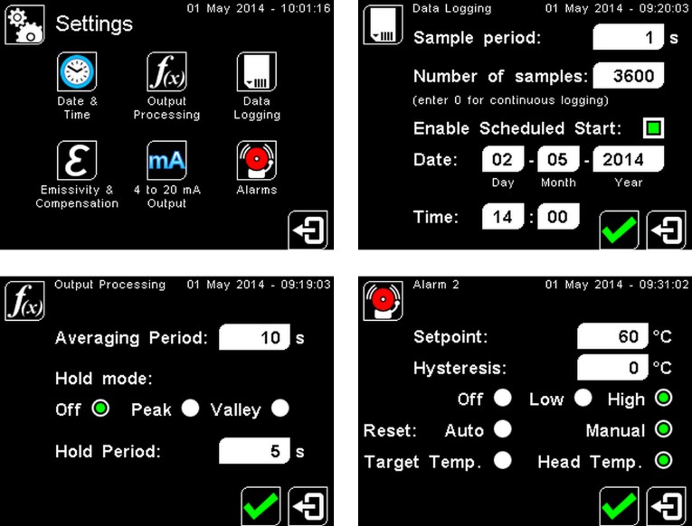 Примеры скриншотов интерфейса сенсорного экрана PyroMini 2.2